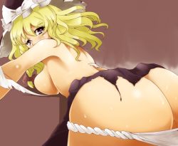 Rule 34 | 1girl, ass, bad id, bad pixiv id, bent over, blonde hair, blush, bow, braid, breast press, breasts, brown background, butt crack, female focus, from behind, gomibuta kuzutarou, hat, hat bow, hip focus, kirisame marisa, long hair, looking at viewer, looking back, panties, panty pull, purple eyes, shiny skin, simple background, solo, sweat, tears, topless, torn clothes, touhou, underwear