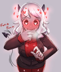 Rule 34 | 1girl, black jacket, black skirt, blush, breasts, demon girl, demon horns, demon tail, drooling, glowing, glowing eyes, grey background, hand to own mouth, hand up, heart, heart-shaped pupils, heavy breathing, helltaker, horns, jacket, large breasts, leaning forward, long sleeves, looking at viewer, modeus (helltaker), mouth drool, nose blush, open mouth, pantyhose, pencil skirt, red pantyhose, red sweater, ribbed sweater, romaji text, silver hair, simple background, skirt, sleeves past wrists, smile, solo, sweater, symbol-shaped pupils, tail, translation request, turtleneck, turtleneck sweater, u-non (annon&#039;an)
