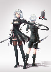 Rule 34 | 1boy, 1girl, bad id, bad pixiv id, blue eyes, boots, breasts, feather-trimmed sleeves, geduan, highres, nier:automata, nier (series), pod (nier:automata), scar, short hair, shorts, standing, sword, weapon, white hair, 2b (nier:automata), 9s (nier:automata)
