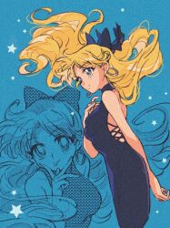 Rule 34 | aino minako, bare arms, bare shoulders, bishoujo senshi sailor moon, blonde hair, blue background, blue bow, blue dress, blue eyes, bow, breasts, cowboy shot, dress, earrings, hair bow, half updo, hand on own chest, hoop earrings, jewelry, lace-up, long hair, looking at viewer, medium breasts, multiple views, parted bangs, silver earrings, smile, star (symbol), suzuki (2red moon3), tongue, tongue out