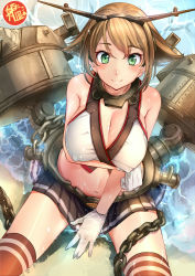 Rule 34 | 10s, 1girl, absurdres, akasaai, beach, blush, breast hold, breasts, brown hair, cleavage, gloves, green eyes, headgear, highres, kantai collection, large breasts, looking at viewer, mutsu (kancolle), navel, personification, red thighhighs, short hair, sitting, solo, thighhighs, water, white gloves