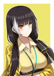 Rule 34 | 1girl, absurdres, black hair, breasts, character name, chest harness, collared shirt, girls&#039; frontline, harness, heterochromia, highres, jacket, jiafei2o3, lanyard, large breasts, long hair, looking at viewer, low twintails, multicolored hair, orange eyes, ro635 (girls&#039; frontline), shirt, smile, solo, streaked hair, sweater, twintails, white hair, yellow background, yellow eyes, yellow jacket, yellow sweater