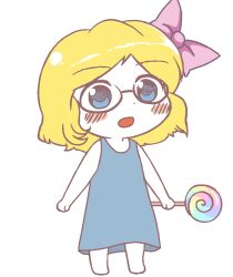 Rule 34 | 1girl, bare arms, barefoot, blonde hair, blue dress, blue eyes, blush, bow, candy, character request, child, dress, food, full body, glasses, hair bow, holding, holding candy, holding food, holding lollipop, legs apart, lollipop, looking ahead, medium hair, non-web source, open mouth, parted bangs, pink bow, round eyewear, simple background, sleeveless, sleeveless dress, solo, soyjak (meme), soylita, swirl lollipop, transparent background