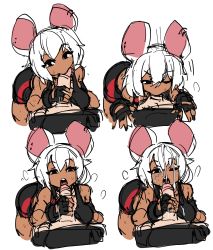 Rule 34 | 1boy, 1girl, 4koma, absurdres, animal ears, bike shorts, breasts, comic, commentary, cum, cum on hair, dark skin, deepthroat, ear piercing, english commentary, erection, facial, fellatio, fingerless gloves, gloved handjob, gloves, handjob, hetero, highres, large breasts, looking at viewer, mouse ears, mouse girl, one eye closed, oral, original, penis, piercing, pov, sketch, solo focus, sports bra, square 4koma, sweat, uncensored, white hair, zanamaoria