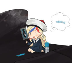 Rule 34 | 1girl, :d, annin musou, bad id, bad pixiv id, beret, black dress, blonde hair, blue eyes, blue hair, commandant teste (kancolle), commentary, dress, hat, holding, kantai collection, long hair, long sleeves, open mouth, paint, pom pom (clothes), red hair, smile, solo, white hair