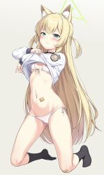 Rule 34 | 1girl, animal ear fluff, animal ears, bikini, blonde hair, blue archive, blush, breasts, closed mouth, clothes lift, commentary request, green eyes, green halo, grey background, halo, highres, kneeling, kurumi (blue archive), long hair, looking at viewer, navel, shirt, shirt lift, side-tie bikini bottom, simple background, small breasts, solo, stomach, string bikini, swimsuit, undressing, white bikini, white shirt, yamasan