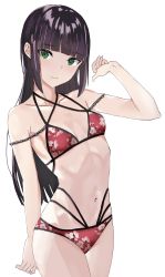 Rule 34 | 1girl, absurdres, alumina (kennmeidesu), arm up, bad id, bad pixiv id, bare arms, bikini, black hair, blunt bangs, breasts, collarbone, floral print, green eyes, halterneck, highres, kurosawa dia, light blush, long hair, looking at viewer, love live!, love live! sunshine!!, mole, mole under mouth, multiple straps, navel, red bikini, simple background, small breasts, smile, solo, swimsuit, white background