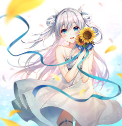 Rule 34 | 1girl, bare shoulders, blue eyes, blush, celia claire, collarbone, dress, flat chest, floating hair, flower, hair rings, highres, long hair, open mouth, petals, ribbon, riv (rivleaf), seirei gensouki, sleeveless, smile, solo, sunflower, thigh strap, white dress