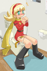Rule 34 | 1girl, 4528, blonde hair, blush, boots, caught, cyborg, cyborg 009, egg vibrator, embarrassed, francoise arnoul, green eyes, indoors, long hair, looking at viewer, scarf, sex toy, short hair, sitting, solo, thigh strap, toilet, toilet paper, uniform, vibrator