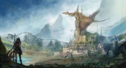 1girl black_hair blue_sky building castle cloud cloudy_sky commentary day dragon fantasy giant giant_monster highres mountainous_horizon on_building original outdoors painterly rock scenery seki_(ksooo18) sky standing tail wide_shot wings wyvern