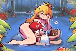 Rule 34 | 1boy, 1girl, 4others, absurdres, ass, biting, blonde hair, blush, breasts, cleavage, closed eyes, crown, earrings, facial hair, fangs, goomba, hat, heart, highres, in water, jewelry, large breasts, mario, mario (series), multiple others, mustache, nintendo, nude, outdoors, plant, princess peach, rock, shiny skin, size difference, smile, super mario bros. 1, surprised, thick thighs, thighs, tony welt, towel, water, waterfall, wide hips