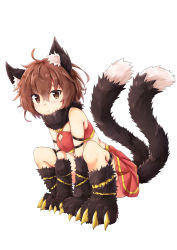Rule 34 | 1girl, absurdres, ahoge, akiteru (akiteru98), alternate costume, animal ear fluff, animal ears, arm support, bandeau, bare shoulders, black footwear, black gloves, blush, boots, breasts, brown eyes, brown hair, cat ears, cat tail, chen, claws, cleavage cutout, clothing cutout, commentary request, detached collar, fur boots, fur collar, fur gloves, gloves, hair between eyes, highres, looking at viewer, miniskirt, multiple tails, nekomata, no headwear, pleated skirt, red skirt, ribbon, short hair, simple background, skirt, skirt set, small breasts, solo, squatting, tail, touhou, two tails, white background, yellow ribbon