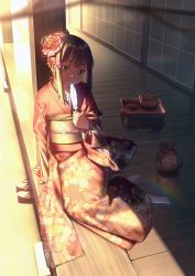 Rule 34 | 10s, 1girl, blurry, branch, brown hair, closed mouth, commentary request, depth of field, evening, feathers, floral print, flower, full body, furisode, green eyes, hair flower, hair ornament, holding, japanese clothes, kanzashi, kimono, kurosawa dia, long sleeves, looking at viewer, love live!, love live! school idol festival, love live! sunshine!!, mole, mole under mouth, nagareboshi, obi, plate, porch, pouch, red flower, red kimono, sandals, sash, shade, sidelocks, sitting, sliding doors, smile, solo, sunlight, teapot, white legwear, wide sleeves, wooden floor, yokozuwari