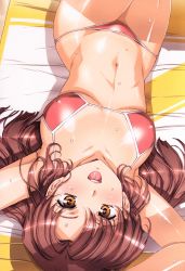 Rule 34 | 1girl, :d, armpits, arms up, bikini, blush, breasts, breasts apart, brown hair, covered erect nipples, from above, highres, long hair, looking at viewer, lying, navel, on back, open mouth, original, red bikini, smile, sweat, swimsuit, upside-down, urushihara satoshi, yellow eyes