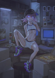 Rule 34 | 1girl, bags under eyes, baseball cap, black hat, blue eyes, book, bottle, box, cardboard box, cassette player, computer, crotch seam, crt, dark, desk, ear piercing, eyes visible through hair, female focus, flat chest, food, glowing, glowing eyes, grin, groin tendon, hat, highres, indoors, keyboard (computer), looking at viewer, monitor, navel, on table, original, petite, photo (object), piercing, pink hair, pizza, pizza box, ribs, sharp teeth, shelf, shoes, short twintails, sitting, smile, sneakers, solo, sports bikini, sports bra, stool, table, teeth, toxic ghost, twintails, walkman, wall lamp, window