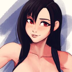 Rule 34 | 1girl, black hair, blue background, blush, breasts, brown eyes, collarbone, final fantasy, final fantasy vii, highres, large breasts, light smile, long hair, looking at viewer, parted lips, portrait, raichiyo33, red eyes, simple background, smile, solo, suspenders, tifa lockhart, upper body