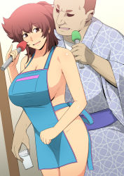 Rule 34 | 1girl, ajiyoshi noriko, apron, blush, breasts, brown eyes, brown hair, cleavage, cowboy shot, cup, drinking glass, greco roman (spiral brain), highres, holding, holding microphone, indoors, japanese clothes, kimono, large breasts, legs, legs together, matching hair/eyes, microphone, mature female, mister ajikko, music, naked apron, no pupils, nude, open mouth, short hair, singing, standing, thighs
