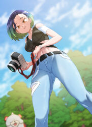 Rule 34 | 1girl, absurdres, bare shoulders, black shirt, blue hair, bob cut, breasts, brown eyes, camera, collarbone, covered eyes, creatures (company), crop top, denim, dog, game freak, gluteal fold, heydove, highres, hisuian growlithe, holding, holding camera, horns, large breasts, looking at viewer, loose hair strand, midriff, multicolored hair, navel, nintendo, perrin (pokemon), pokemon, pokemon (creature), pokemon sv, ribbed shirt, shirt, single horn, sleeveless, sleeveless shirt, two-tone hair, undershirt, v-neck, watch, wristwatch