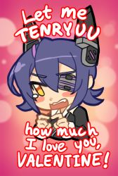 Rule 34 | 10s, 1girl, english text, eu03, eyepatch, headgear, heart, index fingers together, kantai collection, pun, purple hair, solo, tenryuu (kancolle), valentine, yellow eyes