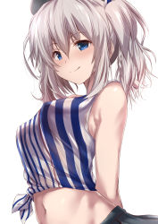 Rule 34 | 10s, 1girl, arms behind back, beret, blue eyes, breasts, covered erect nipples, grey hair, hat, kantai collection, kashima (kancolle), lawson, looking at viewer, midriff, navel, pleated skirt, shirt, simple background, skirt, sleeveless, smile, solo, striped clothes, striped shirt, tai (nazutai), tied shirt, twintails, vertical-striped clothes, vertical-striped shirt, white background