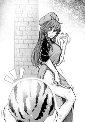 Rule 34 | 1girl, black shirt, blush, braid, breasts, china dress, chinese clothes, collared shirt, commentary, commentary request, dress, food, from side, fruit, greyscale, hat, holding, holding food, hong meiling, koyubi (littlefinger1988), large breasts, leaning on object, long hair, monochrome, monochrome, muscular, muscular female, scar, scratching, shirt, shoes, simple background, sleeves rolled up, standing, star (symbol), tangzhuang, thighs, touhou, twin braids, wall, watermelon
