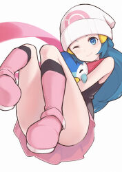 Rule 34 | 1girl, absurdres, beanie, blue eyes, blue hair, boots, commentary request, convenient leg, creatures (company), dawn (pokemon), game freak, gen 4 pokemon, hat, highres, itou kazuki, kneehighs, looking at viewer, nintendo, one eye closed, pink footwear, piplup, pokemon, pokemon (creature), pokemon dppt, simple background, smile, socks, white background, white headwear