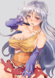 Rule 34 | 1girl, arm up, bare shoulders, blush, breasts, cleavage, collarbone, commentary request, covered erect nipples, detached sleeves, diamond (shape), dress, fangs, frills, fundoshi, grey background, grey hair, highres, japanese clothes, large breasts, long hair, looking at viewer, multicolored clothes, multicolored dress, no bra, open mouth, raised eyebrow, red eyes, sakata nemuno, sarashi, shiny skin, sideboob, simple background, single strap, sitting, solo, torn clothes, torn dress, touhou, underboob, underwear, very long hair, yohane