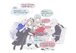 Rule 34 | 4girls, arknights, black dress, black shirt, black socks, blue shirt, breasts, chinese text, cleavage, cross, cross necklace, dress, dungeons &amp; dragons, gladiia (arknights), grey eyes, grey hair, head wings, highres, holding, holding paper, holding phone, jewelry, kaleka, long hair, long skirt, low ponytail, medium breasts, multiple girls, necklace, pantyhose, paper, phone, ponytail, shirt, short sleeves, sitting, skadi (arknights), skadi the corrupting heart (arknights), skadi the corrupting heart (sublimation) (arknights), skirt, socks, specter (arknights), specter (undercurrent) (arknights), speech bubble, stuffed orca, translated, very long hair, white hair, white pantyhose, white shirt, wings