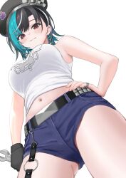 1girl belt beret black_belt black_hair black_hat breasts earrings emyu_b green_hair hand_on_own_hip hat highres hololive hololive_dev_is jewelry large_breasts looking_at_viewer looking_down multicolored_hair navel purple_shorts red_eyes rindo_chihaya ring shirt short_hair short_shorts shorts smile solo streaked_hair virtual_youtuber white_background white_hair white_shirt wrench