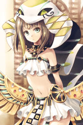 Rule 34 | 1girl, armlet, arms behind back, bad id, bad pixiv id, bare shoulders, brown hair, character request, commentary request, green eyes, hat, jewelry, looking at viewer, lord of vermilion, lord of vermilion iii, midriff, miniskirt, navel, necklace, pelvic curtain, short hair, skirt, solo, strapless, tube top, veil, white hat, white skirt, yue (lov n n)