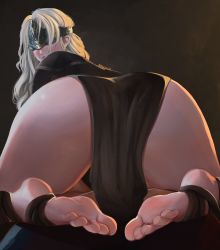 Rule 34 | 1girl, absurdres, ass, barefoot, blindfold, covered eyes, dark souls (series), dark souls iii, feet, fire keeper, foot focus, foreshortening, highres, long hair, looking back, nyiccco, silver hair, soles, solo, toes