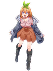 Rule 34 | 1girl, :d, arms at sides, bare shoulders, belt, black footwear, blue eyes, blush, boots, breasts, brown belt, brown shorts, cardigan, casual, coat, collarbone, commentary request, eyelashes, fingernails, full body, fur-trimmed boots, fur trim, go-toubun no hanayome, green ribbon, grey coat, hair ribbon, highres, large breasts, looking at viewer, medium hair, nakano yotsuba, open mouth, orange hair, pink cardigan, plaid, plaid coat, ribbon, shorts, simple background, sleeves past wrists, smile, solo, straight-on, straight hair, teeth, upper teeth only, white background, yu (flowerbird3830)