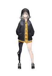 1girl full_body grey_hair hair_between_eyes hands_in_pockets highres hood hood_up hoodie jacket medium_hair mogumo open_clothes open_jacket plaid_clothes plaid_shirt prosthesis prosthetic_leg shirt shoes single_bare_leg smile sneakers standing tokoshie_bullet tokoshie_no._6 v-shaped_eyebrows white_background yellow_eyes