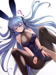 Rule 34 | 1girl, ?, animal ears, arm strap, ass, azur lane, bare shoulders, black pantyhose, blue eyes, blue hair, bodystocking, breasts, cleavage, fake animal ears, from above, headgear, highres, holding another&#039;s wrist, large breasts, leotard, long hair, lying, m legs, nail polish, new jersey (azur lane), new jersey (exhilarating steps!) (azur lane), official alternate costume, on back, pantyhose, playboy bunny, purple leotard, rabbit ears, see-through, see-through cleavage, shenqi (toid310), skin tight, strapless, strapless leotard, taut clothes, very long hair, white background, white nails, wrist cuffs