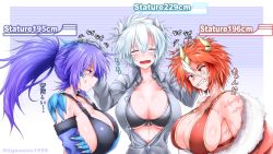 Rule 34 | 3girls, anger vein, angry, annes (g (genesis1556)), artist name, bikini, bikini under clothes, black bikini, blue eyes, blue hair, blue jacket, blush, breasts, claws, cleavage, clenched teeth, closed eyes, closed mouth, collarbone, collared shirt, commentary request, crossed arms, dein (g (genesis1556)), dragon girl, dragon horns, fang, front-tie bikini top, front-tie top, fur-trimmed jacket, fur trim, g (genesis1556), grey bikini, grey shirt, hair between eyes, headpat, height difference, high ponytail, highres, horns, jacket, large breasts, long hair, long sleeves, looking away, messy hair, monster girl, multicolored hair, multiple girls, off shoulder, open mouth, original, partially unbuttoned, ponytail, red bikini, red eyes, red hair, red jacket, scales, scar, scar across eye, scar on arm, scar on chest, scar on face, scar on neck, shirt, short hair, sideboob, sidelocks, smile, standing, streaked hair, swimsuit, tall female, teeth, translated, tsubasa ryuuji, upper body, watermark, white hair
