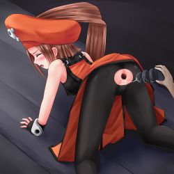 Rule 34 | 1girl, all fours, anal, anal cutout, arc system works, ass, blush, bodysuit, brown hair, butt plug, closed eyes, gaping, guilty gear, hat, may (guilty gear), pirate hat, ponytail, sex toy, torn clothes, uncensored, yamaoka46