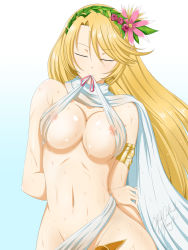 Rule 34 | 1girl, armlet, arms behind back, bestie, blonde hair, blue background, brave frontier, breasts, cleavage, closed eyes, covered erect nipples, floating hair, flower, gradient background, groin, hair flower, hair ornament, head wreath, highres, kimmy77, large breasts, long hair, mouth hold, navel, nipples, parted bangs, pink flower, pink ribbon, pink rose, ribbon, rose, sash, see-through, signature, solo, sweat, very long hair