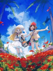 Rule 34 | 2girls, :d, arm up, bag, black hair, blonde hair, blush, braid, closed eyes, cloud, commentary, creatures (company), day, dress, duffel bag, flower, game freak, green eyes, green shorts, hand on headwear, hanenbo, hat, highres, lillie (pokemon), long hair, multiple girls, nintendo, open mouth, outdoors, outstretched arms, palm tree, petals, pokemon, pokemon sm, selene (pokemon), shirt, short hair, short sleeves, shorts, sky, sleeveless, sleeveless dress, smile, socks, standing, sun hat, symbol-only commentary, teeth, tied shirt, tongue, tree, twin braids, white headwear