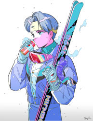 Rule 34 | 1boy, absurdres, can, coat, denjinq, gloves, goggles, goggles around neck, grey gloves, grey hair, hands up, highres, holding, holding can, original, pants, purple coat, purple pants, short hair, signature, skis, solo, white background