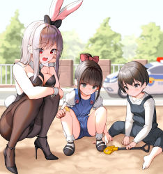Rule 34 | 3girls, :3, :d, absurdres, animal ears, bare shoulders, barefoot, between breasts, black bow, black footwear, black hair, black leotard, black neckwear, blurry, blurry background, blush, bobby socks, bow, breasts, brown eyes, brown legwear, car, child, cleavage, closed mouth, collar, commentary request, day, dduck kong, depth of field, detached collar, fake animal ears, green eyes, hair bow, hand up, high heels, highres, hugging own legs, knees up, leotard, long hair, long sleeves, medium breasts, motor vehicle, multiple girls, necktie, necktie between breasts, open mouth, original, outdoors, overalls, pantyhose, playboy bunny, police car, puffy short sleeves, puffy sleeves, rabbit ears, rabbit tail, railing, red bow, red eyes, sandbox, shirt, shoes, short sleeves, side-by-side, silver hair, smile, socks, squatting, stiletto heels, strapless, strapless leotard, tail, teeth, thighband pantyhose, trowel, upper teeth only, white collar, white legwear, white shirt, wrist cuffs