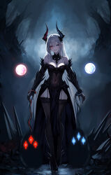 Rule 34 | 1girl, ai-assisted, asymmetrical horns, black dress, blue eyes, covered navel, demon girl, detached collar, dress, earrings, elbow gloves, fantasy, full body, garter straps, gloves, grin, haruyuki (karem), heterochromia, high heels, highres, horns, jewelry, long hair, looking at viewer, mismatched horns, orb, original, pale skin, pelvic curtain, pointy ears, red eyes, smile, solo, standing, very long hair