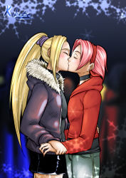 Rule 34 | 2girls, black skirt, blonde hair, closed eyes, face-to-face, forehead protector, hair ribbon, hair up, hairband, hand on another&#039;s back, hand on back, haruno sakura, high ponytail, holding hands, hood, hoodie, jacket, kibate, kiss, long hair, multiple girls, naruto, naruto (series), night, open clothes, open jacket, pants, pink hair, ponytail, purple jacket, ribbon, short hair, skirt, standing, text focus, unzipped, yamanaka ino, yuri