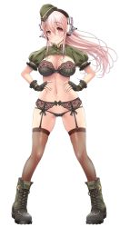Rule 34 | 1girl, blush, boots, bra, breasts, cleavage, closed mouth, cosplay, floating hair, full body, garter belt, garter straps, gloves, gluteal fold, groin, happy, hat, headphones, highres, large breasts, legs, legs apart, long hair, looking at viewer, military, military uniform, navel, nitroplus, panties, pink hair, red eyes, smile, solo, super sonico, thighhighs, thighs, transparent background, underwear, uniform, v-mag