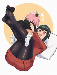 Rule 34 | 2girls, :d, absurdres, anya (spy x family), black dress, black hair, black pantyhose, dress, earrings, hairband, heart, highres, jewelry, lying, multiple girls, no shoes, on back, open mouth, pantyhose, pillow, pink hair, red eyes, red sweater, smile, socks, spy x family, sweater, sweater dress, urin (littleurin), white hairband, white socks, yor briar