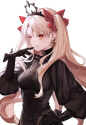 Rule 34 | 1girl, absurdres, black dress, black gloves, blonde hair, breasts, commentary, dress, earrings, elbow gloves, english commentary, ereshkigal (fate), ereshkigal alter (fate), fate/grand order, fate (series), finger to mouth, gloves, hair ribbon, hand on own hip, highres, hoop earrings, jewelry, lips, long hair, long sleeves, looking at viewer, medium breasts, necklace, parted bangs, red eyes, red ribbon, ribbon, signature, simple background, siya ho, solo, tiara, two side up, very long hair, white background