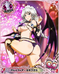 Rule 34 | 10s, 1girl, ass, back, black thighhighs, blush, bow, braid, breasts, card (medium), character name, chess piece, choker, covered erect nipples, demon wings, embarrassed, grayfia lucifuge, grey eyes, high school dxd, high school dxd infinity, large breasts, lipstick, long hair, maid headdress, makeup, o-ring, o-ring bottom, official art, queen (chess), red lips, sideboob, silver hair, solo, thighhighs, torn clothes, trading card, twin braids, wings