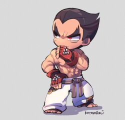 Rule 34 | 1boy, abs, belt, black eyes, black hair, closed mouth, facial scar, full body, gloves, grey background, heterochromia, kotorai, looking to the side, male focus, martial arts belt, mishima kazuya, muscular, muscular male, navel, pants, pectorals, purple belt, red eyes, red gloves, scar, scar on arm, scar on cheek, scar on chest, scar on face, short hair, signature, simple background, solo, standing, studded gloves, tekken, thick eyebrows, thumb in beltline, topless male, v-shaped eyebrows, white pants