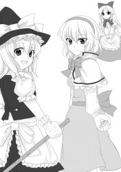 Rule 34 | 2girls, :d, alice margatroid, blush, capelet, dress, female focus, greyscale, hairband, hat, holding, kirisame marisa, long hair, monochrome, multiple girls, n-mix, open mouth, shanghai doll, simple background, smile, touhou, white background, witch hat