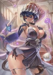 Rule 34 | 1girl, alternate costume, bare shoulders, black dress, black flower, black panties, black rose, blue eyes, blue hair, blurry, blurry background, book, breasts, bug, butterfly, cleavage, closed mouth, commentary request, contrapposto, covered erect nipples, doremy sweet, dress, elbow gloves, flower, gloves, haruno (kuromitugozen), hat, highres, indoors, insect, large breasts, lips, looking at viewer, nightcap, panties, pom pom (clothes), red hat, rose, see-through, short hair, side-tie panties, smile, solo, stairs, standing, tail, tapir tail, touhou, underwear, white flower, white rose