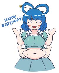 Rule 34 | 1girl, :d, belly, blue hair, blush, blush stickers, breasts, cropped legs, disembodied hand, dress, closed eyes, hair ornament, hair rings, hair stick, hands up, happy birthday, highres, itatatata, kaku seiga, large breasts, navel, open mouth, plump, puffy short sleeves, puffy sleeves, short hair, short sleeves, simple background, smile, solo, sweat, touhou, v-shaped eyebrows, vest, white background
